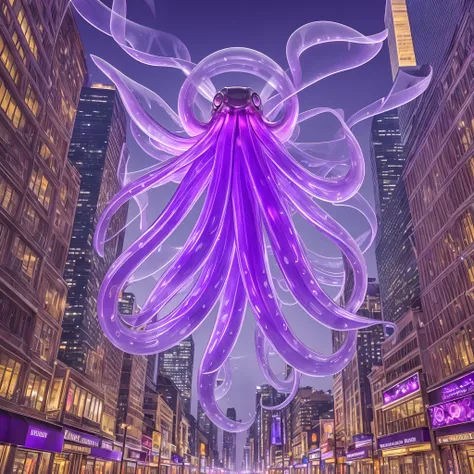 Masterpiece, Best quality, the wallpaper, Purple transparent octopus,（((Vitreous skin))) ,starlights，In the city，Photorealistic, high resolution, Detailed, Sharp focus