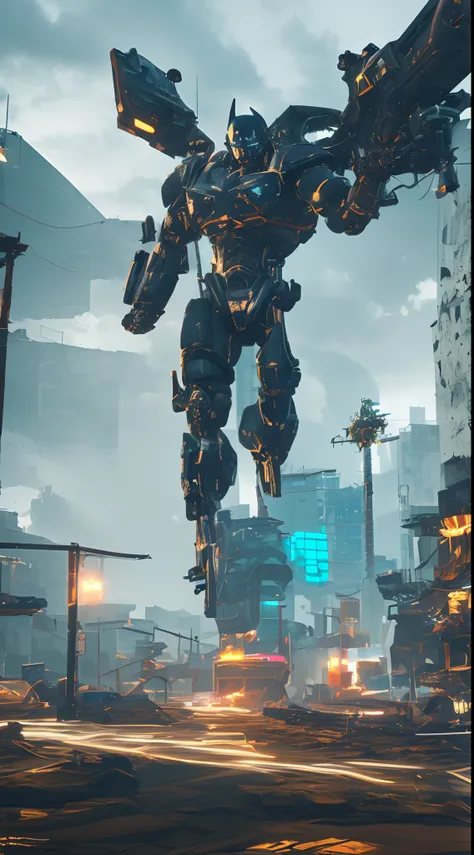 ((Melhor Qualidade)), ((Obra-prima)), (Muito Detalhado:1.3), 3D, Black shitu-mecha with Batman symbol on chest and gold neon details in the ruins of a city in the forgotten war, Tecnologia antiga, HDR (High Dynamic Range), ray tracing, NVIDIA RTX, Super Re...