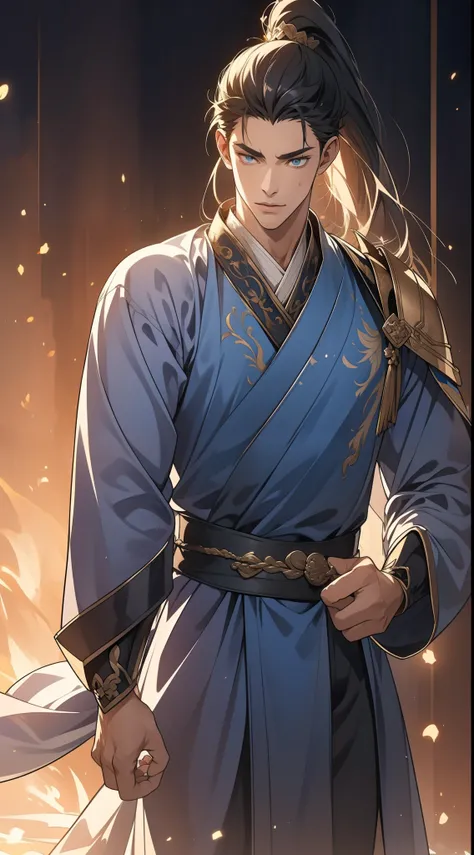 quadratic element，style of anime，mtu（Male Warrior），The proportions are correct，Face details，swordsmen，High ponytail hairstyle，Neck details，There is an Adams apple，Blue suit，kaftan，long blue robes，clothes details，Handing over，longer sleeves，Game quality，Swo...