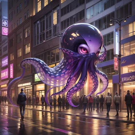 Masterpiece, Best quality, [(A purple translucent octopus)+(((Vitreous skin)))] ,starlights，In the city，Photorealistic, high resolution, Detailed, Sharp focus