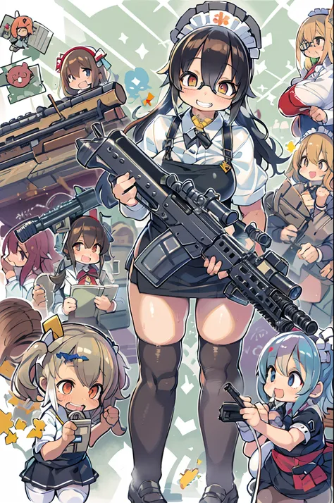 masutepiece, Best Quality, 1girl in, Empty eyes, Utsurome, maid, Smile,a child girl,Lori,(((Huge assault rifle))),rocket launcher、Multiple girls、big round glasses,double tooth