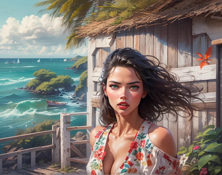 (Adriana Lima :1.1) red lips, green eyes at a Seaside cottage, Blue sky, Brasil, small boats, the detail, 8k HD, best quality，ultra - detailed, Illustration，Best shadow，masterpiece，A high resolution，professional artwork，famous artwork