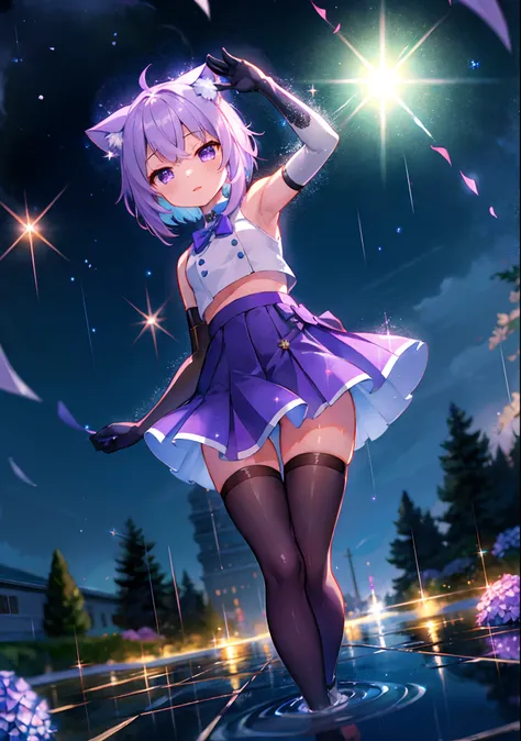 (solo), cute (1girl) walking,path,[from below:1.2],sine short hair, puddle,Water Reflection,rain,floating water drop,hydrangea,(blurry foreground),dynamic angle,asphalt,(night sky),lens flare, (glitter:1.2) presenting armpit, nekomata okayu, shimacos, crop...