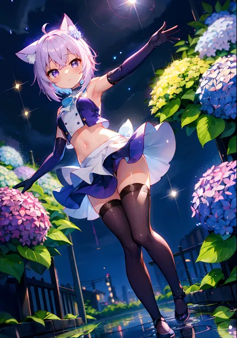 (solo), cute (1girl) walking,path,[from below:1.2],sine short hair, puddle,Water Reflection,rain,floating water drop,hydrangea,(blurry foreground),dynamic angle,asphalt,(night sky),lens flare, (glitter:1.2) presenting armpit, nekomata okayu, shimacos, crop...