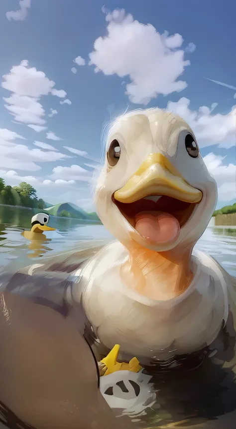 There is a duck standing in the water with its mouth open, duckface, donald duck in real life, look straight at the camera, looking at the camera in, looking up at camera, looking to the camera, screaming at the camera, look straight at the camera, staring...