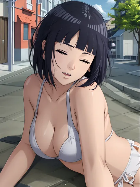 (WALLPAPER,  (hinata(boruto), (((white string bikini))), masterpiece, 4k, vector coloring, fully body view, (scene of knocked down girl on street), (high color saturation), contrast lighting, mature female, (curvy:0.8), solo, anime style, sharp focus, prof...