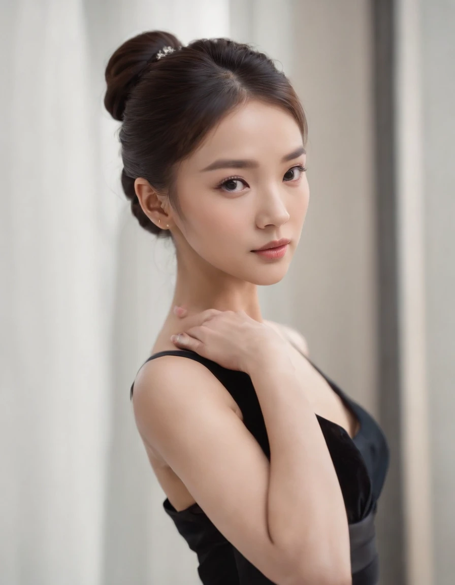 asian woman with ponytail in black dress and black heels for photo shoot, in the style of serene visuals, ballet academia,,(upper body)