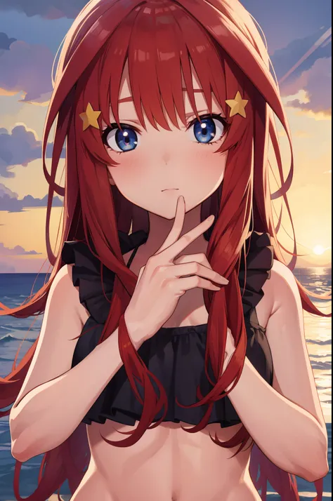 itsukinakano, itsuki nakano, bangs, blue eyes, hair between eyes, ahoge, red hair, star (symbol), hair ornament, star hair ornament,
BREAK bikini,
BREAK outdoors, beach,
BREAK looking at viewer, BREAK (masterpiece:1.2), best quality, high resolution, unity...