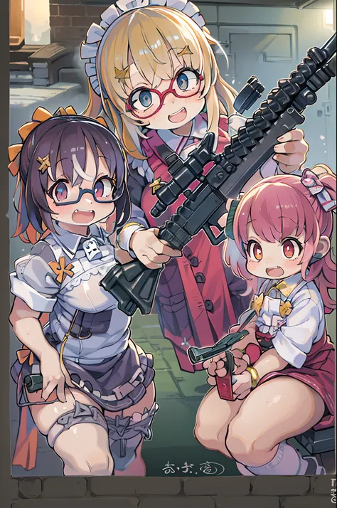 masutepiece, Best Quality, 1girl in, Empty eyes, Utsurome, maid, Smile,a child girl,Lori,(((Huge assault rifle))),rocket launcher、Multiple girls、big round glasses,double tooth