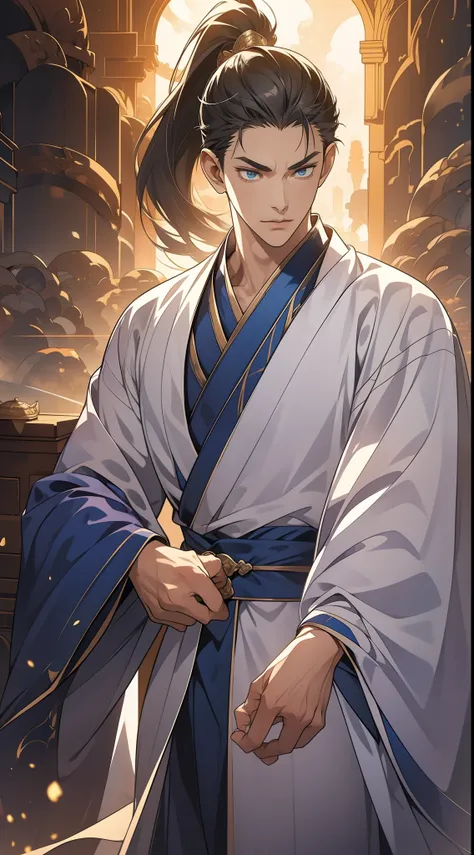 quadratic element，style of anime，mtu（Male Warrior），The proportions are correct，Face details，swordsmen，High ponytail hairstyle，Neck details，There is an Adams apple，Blue suit，kaftan，long blue robes，clothes details，Handing over，longer sleeves，Game quality，Swo...