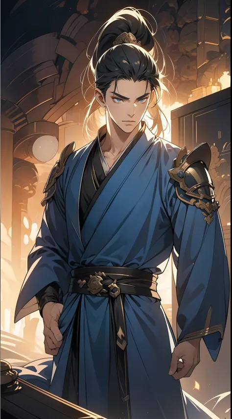 quadratic element，style of anime，mtu（Male Warrior），The proportions are correct，Face details，swordsmen，High ponytail hairstyle，Neck details，There is an Adams apple，Blue suit，kaftan，long blue robes，clothes details，Handing over，longer sleeves，Game quality，Swo...