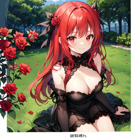 Wavy red hair、red eyes、Beautiful girl alone、Black dress、sitting on、gravure、A smile、rose garden