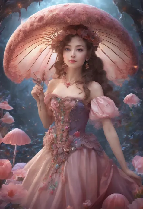 Masterpiece:1.4),, (Best quality:1.4),, Ultra-high RES,, 8K, CG,, (Extremely delicate and beautiful:1.2),,The upper part of the body,, 1girll,, Solo,, fashi-girl,, Thumbelina，Little princess，Blue taffeta court dress，Under huge mushrooms，forest backgrou ,De...