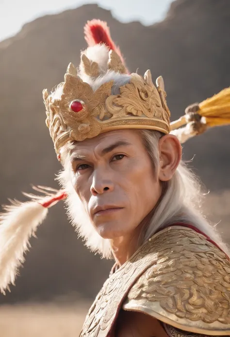 (Obra maestra, A sacred representation of the Monkey King:1.4), Wukong，solamente, Sosteniendo un palo dorado largo，Uso de cota de malla，Postura de combate，tmasterpiece，Ultraclaro，UHD,Detalles extremos，El fondo es cielo y nubes，Soles，brillar