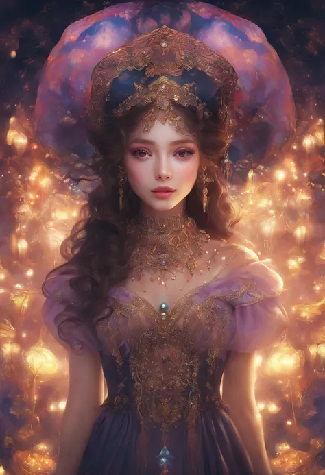 Masterpiece:1.4),, (Best quality:1.4),, Ultra-high RES,, 8K, CG,, (Extremely delicate and beautiful:1.2),,The upper part of the body,, 1girll,, Solo,, fashi-girl,, Thumbelina，Little princess，Blue taffeta court dress，Under huge mushrooms，forest backgrou ,De...