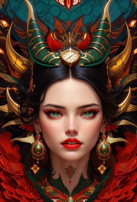 there is a woman (Adriana Lima :1.1)  red lips, green eyes, with a large headdress and a clock, stunning digital illustration, exquisite digital illustration, 4k detailed digital art, the dragon girl portrait, beautiful fantasy art portrait, 4k highly deta...