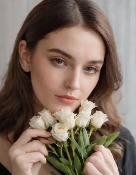 a woman is smelling a bouquet of flowers on her cheek, in the style of unicorncore, ready-made objects, ue5, modern photography, exotic, natural minimalism, uhd image,(upper body)