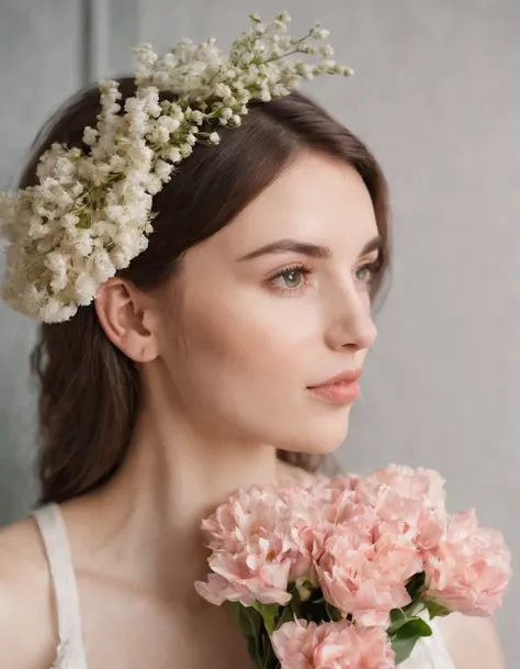 a woman is smelling a bouquet of flowers on her cheek, in the style of unicorncore, ready-made objects, ue5, modern photography, exotic, natural minimalism, uhd image,(upper body)