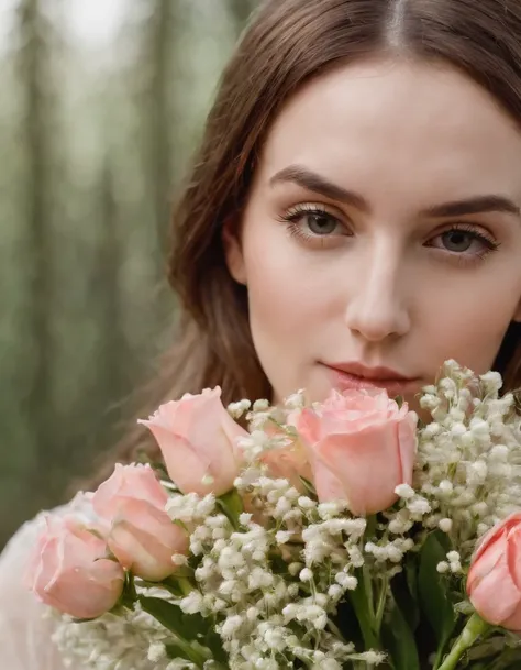 a woman is smelling a bouquet of flowers on her cheek, in the style of unicorncore, ready-made objects, ue5, modern photography, exotic, natural minimalism, uhd image,(upper body)