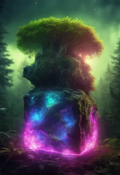 colorfull neonbiotranslucent cube glowmoss enchanted forrest, lens flares, foggy background