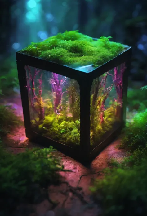 colorfull neonbiotranslucent cube glowmoss enchanted forrest, lens flares, foggy background