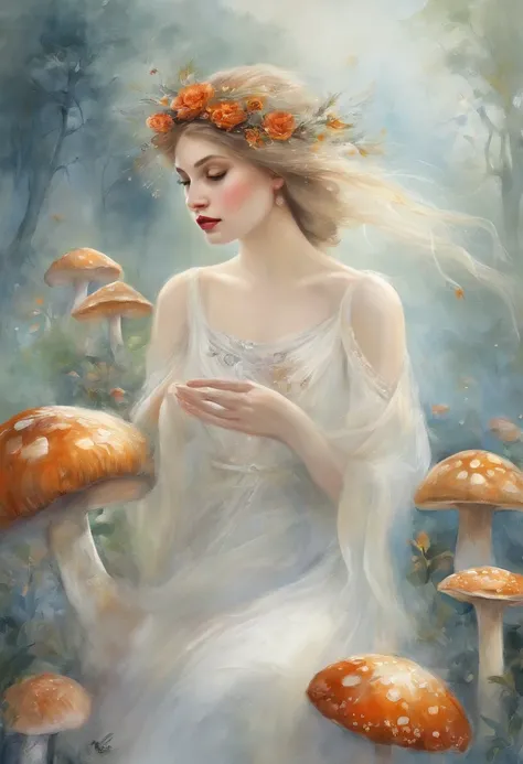 Masterpiece:1.4),, (Best quality:1.4),, Ultra-high RES,, 8K, CG,, (Extremely delicate and beautiful:1.2),,The upper part of the body,, 1girll,, Solo,, fashi-girl,, Thumbelina，Little princess，Blue taffeta court dress，Under huge mushrooms，forest backgrou ,De...