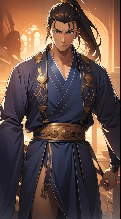 quadratic element，style of anime，mtu（Male Warrior），The proportions are correct，Face details，swordsmen，High ponytail hairstyle，Neck details，There is an Adams apple，Blue suit，kaftan，long blue robes，clothes details，Handing over，longer sleeves，Game quality，Swo...