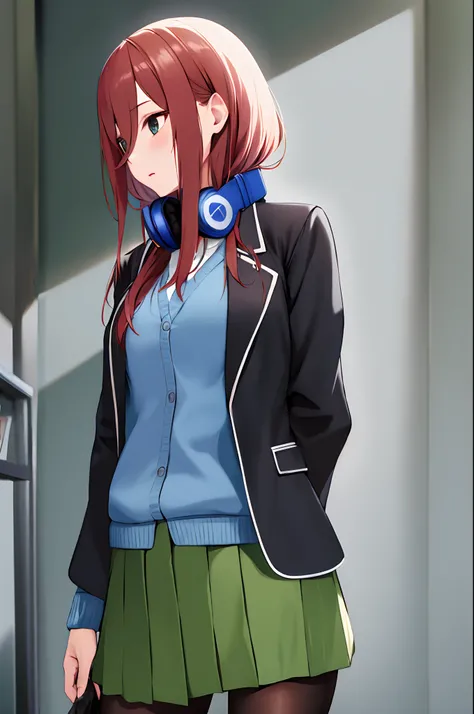 masterpiece, best quality, highres, nm1, headphones around neck, school uniform, long sleeves, blue cardigan, green skirt, pantyhose, black jacket, open jacket, cowboy shot, standing, turtleneck sweater, sweater dress, sleeveless,