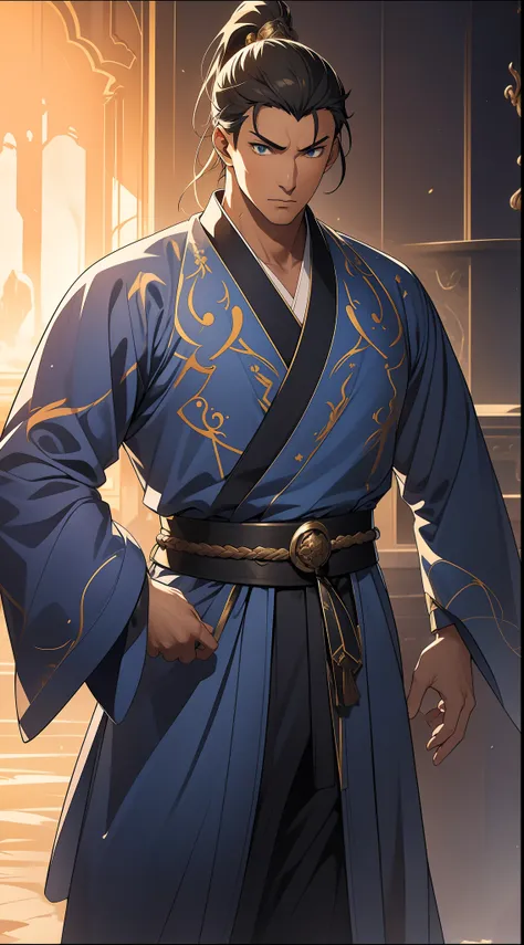 quadratic element，style of anime，mtu（Male Warrior），The proportions are correct，Face details，swordsmen，High ponytail hairstyle，Neck details，There is an Adams apple，Blue suit，kaftan，long blue robes，clothes details，Handing over，longer sleeves，Game quality，Swo...