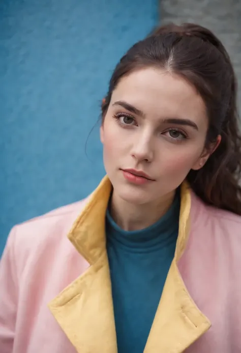 a young female wearing yellow and pink coats in front of blue wall, in the style of heatwave, transparent/translucent medium, contemporary vintage photography, lowbrow, poolcore, associated press photo, feminine body, (medium shot)