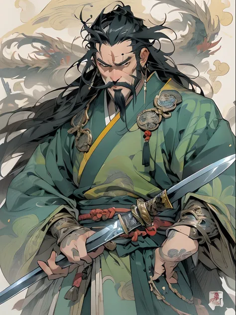 (((China-style，Ink painting method，Half-length portrait，Intense color，Han dynasty, China，Hanfu，Armor，Guan yu，Guan Yunchang，of a guy，Ruddy killing square face，Hold the Blue Dragon Moon Knife in his right hand，Stroke your beard with your left hand，Long hair，...