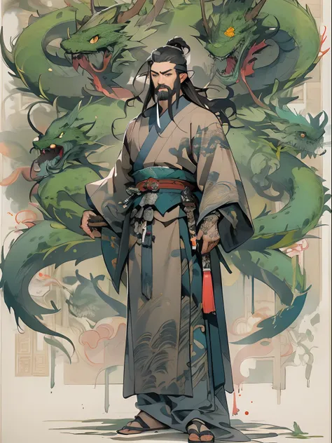 (((China-style，Ink painting method，Half-length portrait，Intense color，Han dynasty, China，Hanfu，Armor，Guan yu，Guan Yunchang，of a guy，Ruddy killing square face，Hold the Blue Dragon Moon Knife in his right hand，Stroke your beard with your left hand，Long hair，...