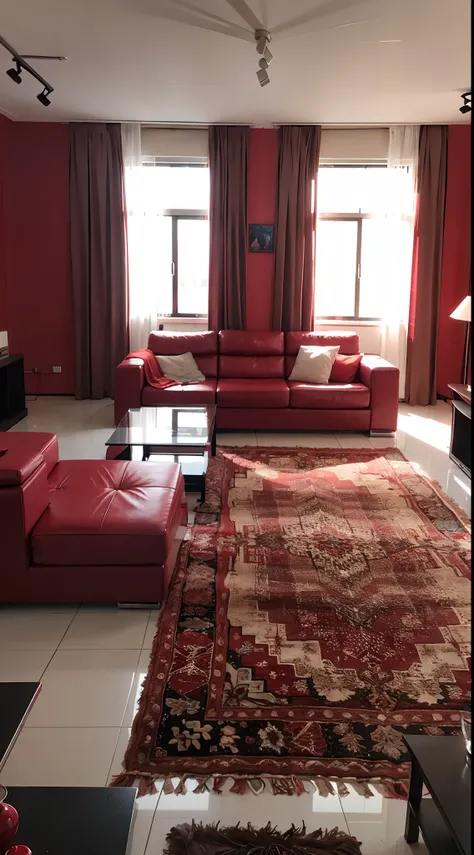 living room interior, simple and modern luxury style, light red style color: 1.1), fully furnished, (masterpiece: 1.5), high quality, high detail, 8K , studio lighting, cinema lighting, (large windows filled with light: 2)