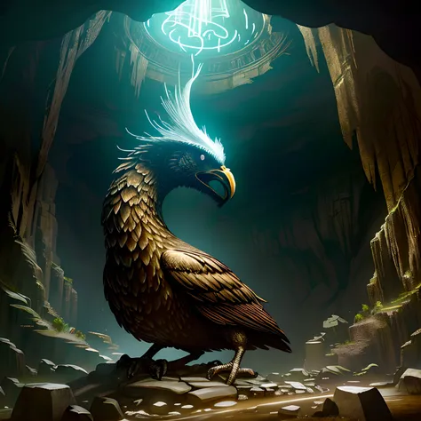 A big chicken，In a deep and mysterious cave，，There are archaeological secrets inside、dark ambiance、Atmospheric lighting、cinmatic lighting、best angle、Hyper-detailing、iintricate、dynamic angle、tmasterpiece、（A scene illuminated by glowing ancient runes）=1.4，lo...