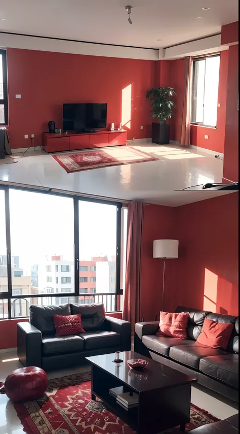 living room interior, simple and modern luxury style, light red style color: 1.1), fully furnished, (masterpiece: 1.5), high quality, high detail, 8K , studio lighting, cinema lighting, (large windows filled with light: 2)