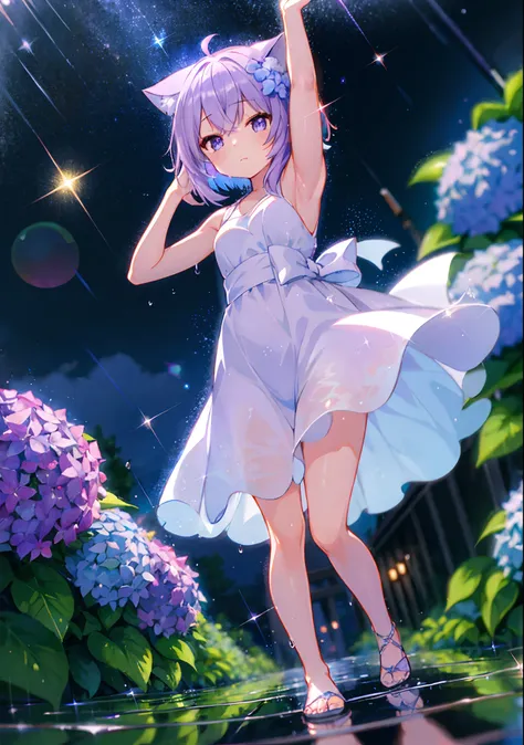 (solo), cute (1girl) walking,path,[from below:1.2],sine short hair, puddle,Water Reflection,rain,floating water drop,hydrangea,(blurry foreground),dynamic angle,asphalt,(night sky),lens flare, (glitter:1.2) presenting armpit, nekomata okayu,