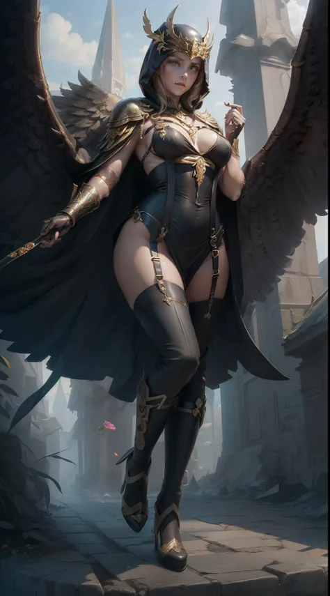 winged, Engel, ((Whole body:2)),((((full body shot)))), detailreich, episch, voluptuous hips and thighs, Blondes helles Haar, Albin Queen wears black steel shoulder pads modeled after the heads of dragons and decorated with shimmering silver embellishments...