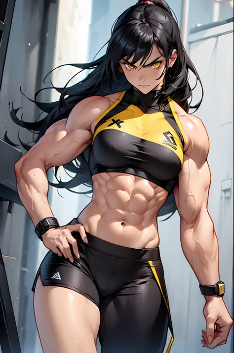 ((((((1 girl, muscular)))))), black hair, yellow eyes, angry, pale sin, very long hair, abs, midriff, navel, curvy