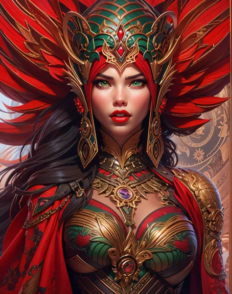 there is a woman (Adriana Lima :1.1) red lips, green eyes, with a large headdress and a clock, stunning digital illustration, exquisite digital illustration, 4k detailed digital art, the dragon girl portrait, beautiful fantasy art portrait, 4k highly detai...