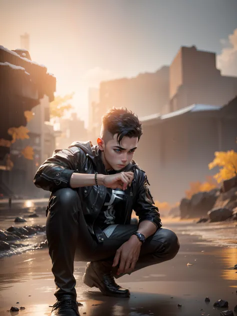 Boy with black jacket realistic background realistic face 8k ultra HD