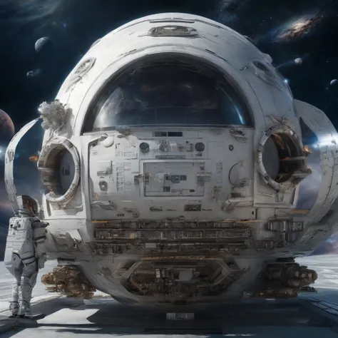 A futuristic complex spacecraft stands still in space，The hull is broken， Robots and astronauts are repairing，The background is the vastness of the universe，Outstanding details，Cinema lenses