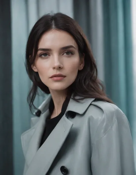 a woman wearing gray trench coat with dark hair, in the style of futuristic minimalism, close up, post-minimalist, gray and aquamarine, leather/hide, loose gestures, fashwave ,(medium shot)