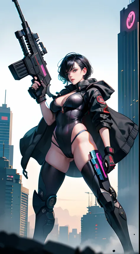 a female cyborg,battle stance,battle position,skimpy costume,cosplayer,colourful jacket,cloak,pussy,busty,pubic hair,glamour,psychedelic tone,armored,A Cyberpunk dystopian girl,fantasic dystopia,dystopian scape,bladerunner,ghost in the shell,photorealistic...