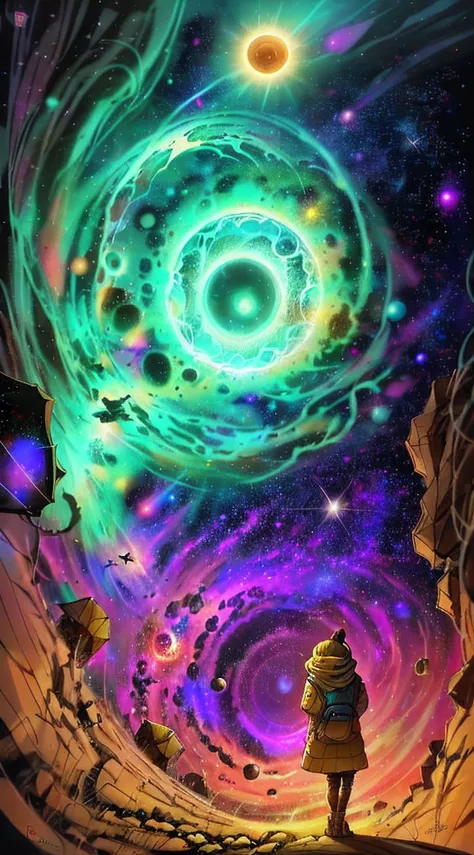 person, standing in front of a space portal overlooking the sun, Cyril Rolando and Goro Fujita, A portal to another universe, inspired by Cyril Rolando, Portal to another dimension, world, visible only through the portal, high quality fantasy stock photo, ...