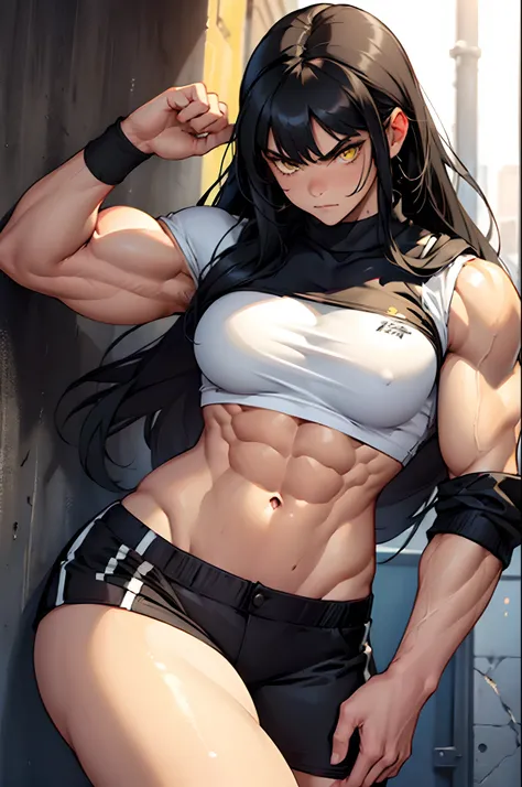 ((((((1 girl, muscular)))))), black hair, yellow eyes, angry, pale sin, very long hair, abs, midriff, navel, curvy