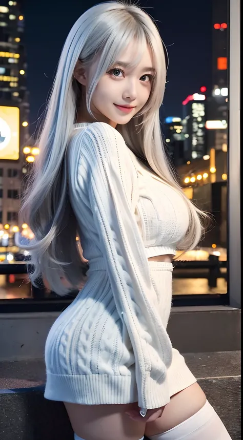 Masterpiece, Best quality, Night, Cityscape, strong rimlight, Real, Huge_filesize, the wallpaper, Japanese, Girl, Long hair, White hair, Wavy hair, Beautiful detailed eyes, Light smile, Medium breasts, ribbed sweater, Miniskirt, white thighhighs,