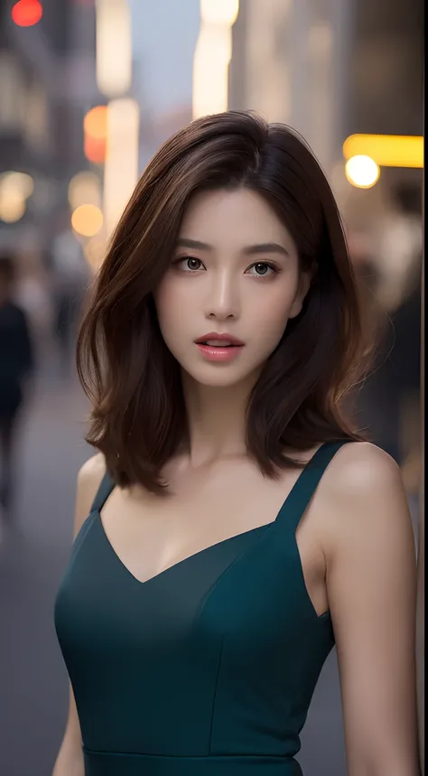 ((Realistic lighting, Best quality, 8K, Masterpiece: 1.3)), Focus: 1.2, 1girl, Perfect Body Beauty: 1.4, Slim Abs: 1.1, ((Dark Brown Hair)), (Aqua Dress: 1.4), (Outdoor, Night: 1.1), City Street, Super Fine Face, Fine Eyes, Double Eyelids,