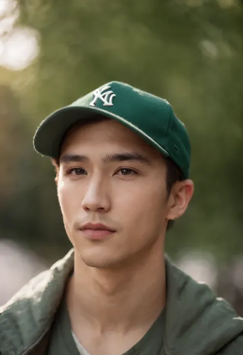 (((best quality, 8k))) mixed American Korean race, fair complexion, man around 25 years old, has blond hair, medium length hair, distinctive green eyes, wearing baseball cap, sharp jawline, handsome, wearing dark green jacket, ultra sharp focus, realistic ...