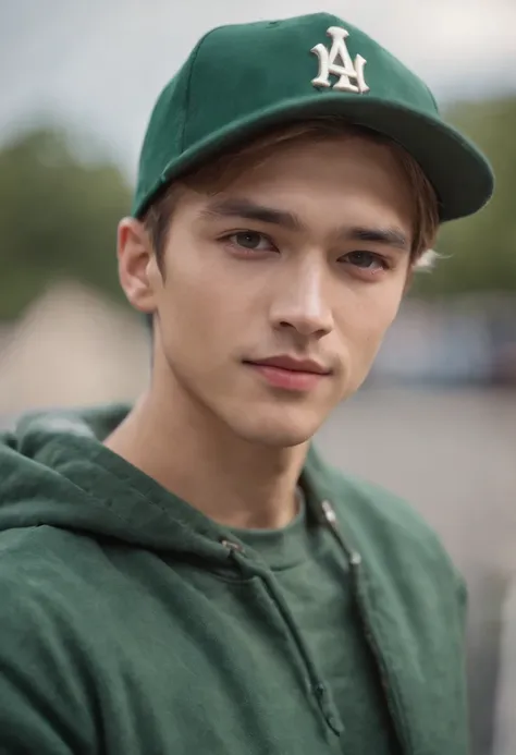 (((best quality, 8k))) mixed American Korean race, fair complexion, man around 25 years old, has blond hair, medium length hair, distinctive green eyes, wearing baseball cap, sharp jawline, handsome, wearing dark green jacket, ultra sharp focus, realistic ...