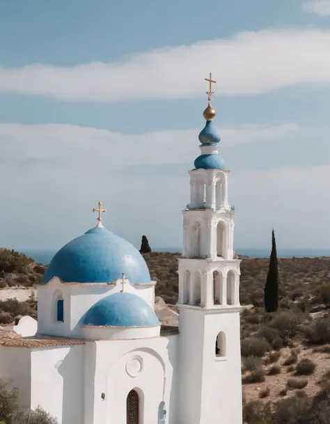 an image shows 2 blue and white churches next to each other, in the style of olympus om-1, playful color palette, eye-catching detail, minoan art, sony alpha a7 iii, light orange and white, sky-blue and black